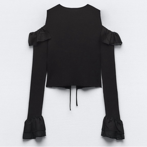 Zara cold shoulder ruffle ribbed knit black v-neck cardigan tie front size small - Picture 6 of 16